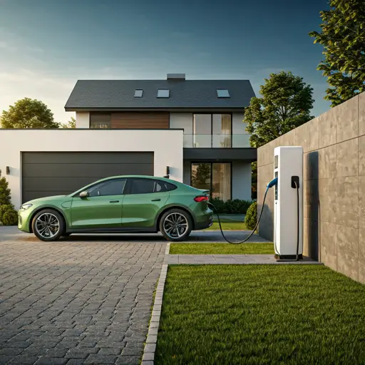 Mașină electrică la încărcare lângă o casă modernă